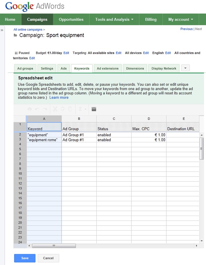 Google AdWords spreadsheet
